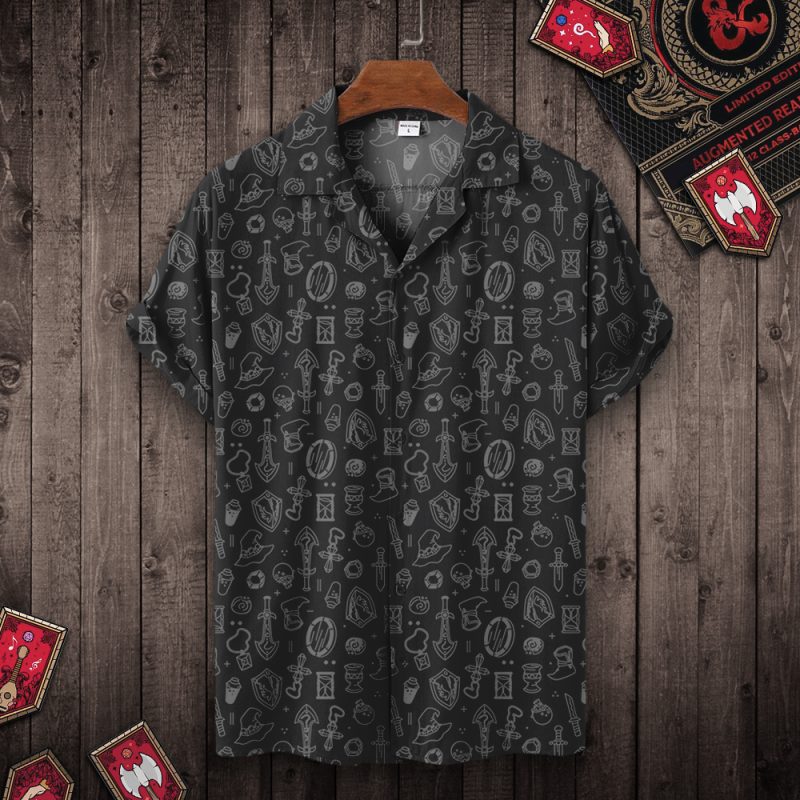 DND Hawaiian Shirt - Black Magic Hat & Weapon