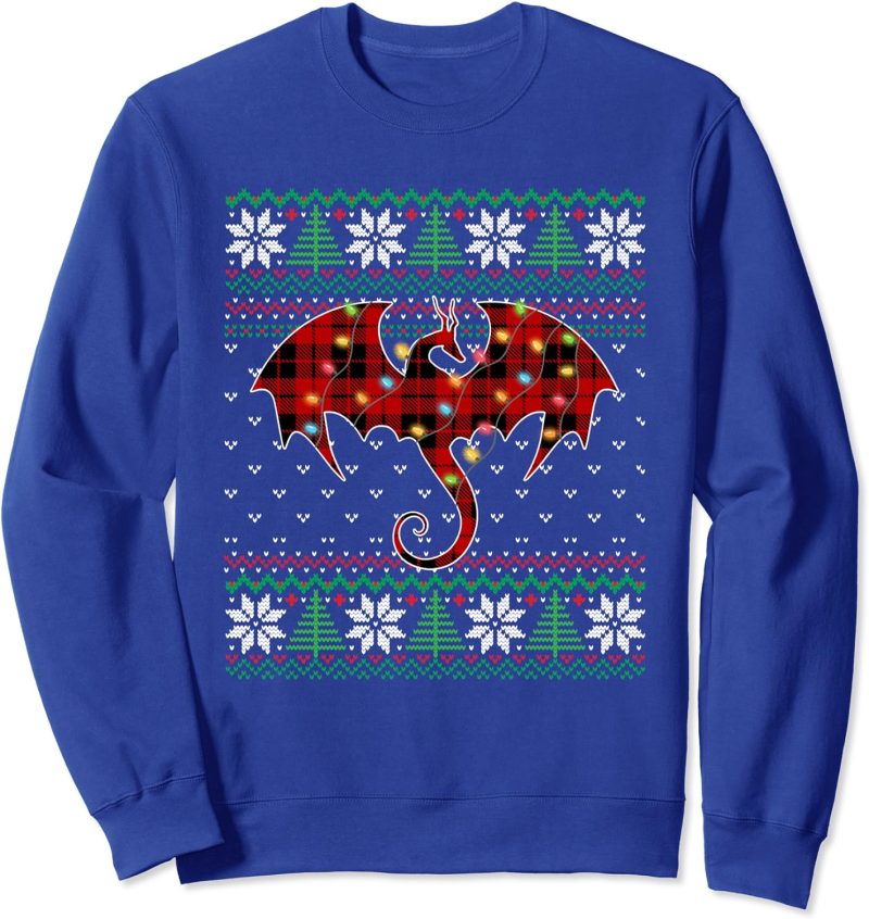 Dragon Red Plaid Ugly Sweater Christmas Lights Dragon Lover Sweatshirt