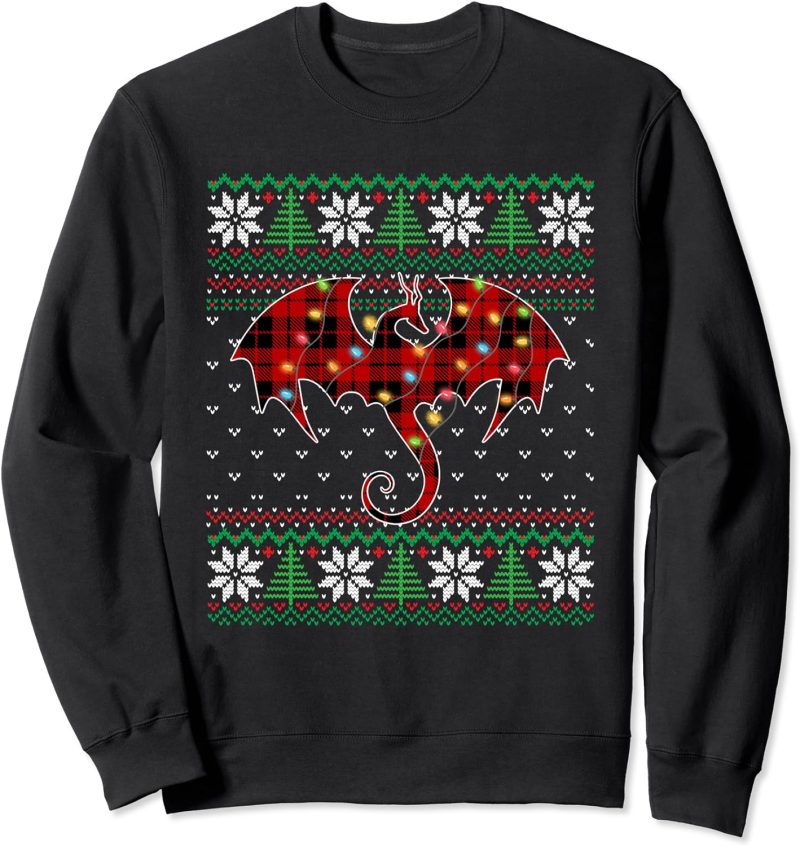 Dragon Red Plaid Ugly Sweater Christmas Lights Dragon Lover Sweatshirt